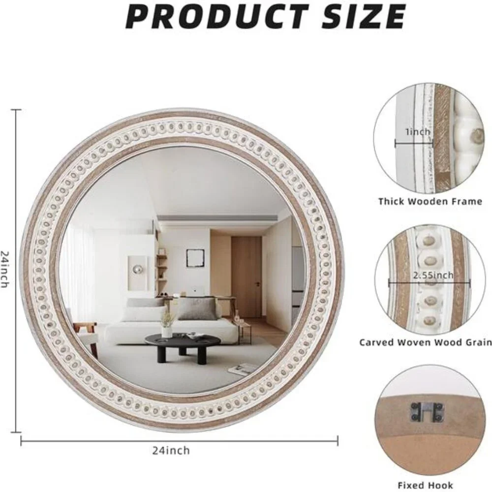 24 Inches Rustic Round Wall Mirrors -Wooden Farmhouse Circle Mirror for Bathroom